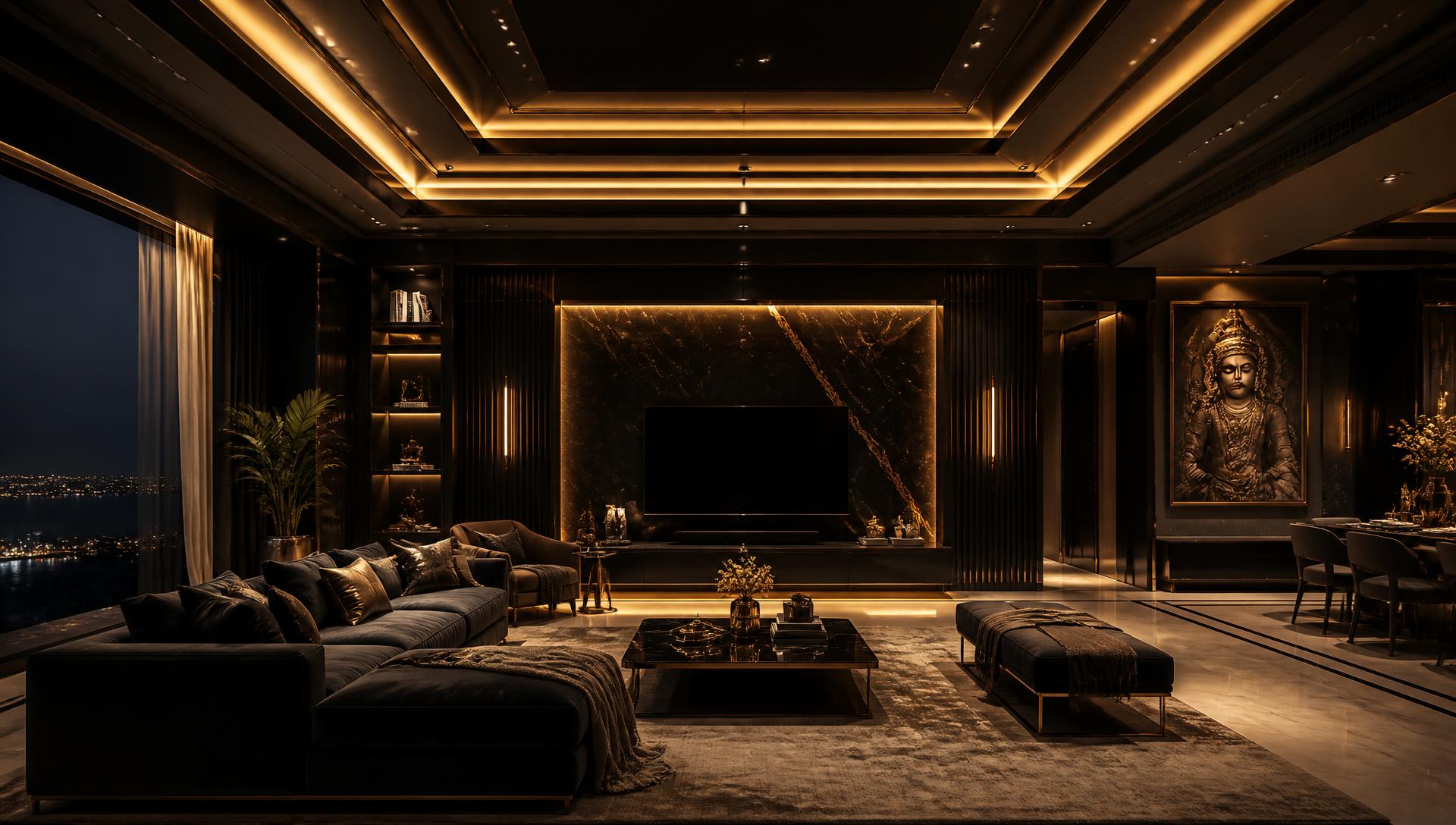 Luxury dark living room interior with gold cove lighting designed by Alecxa Interiors